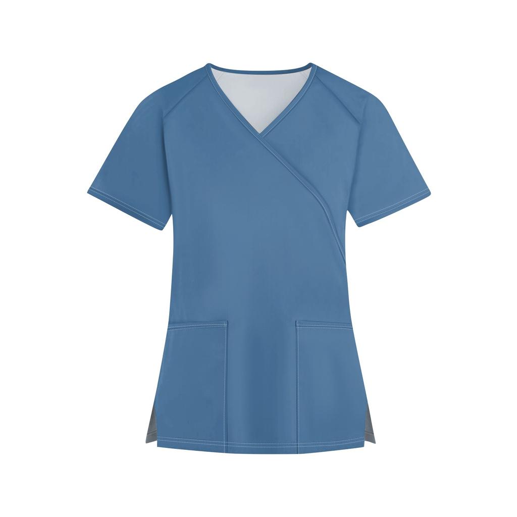 Женская мода однотонная рабочая одежда с v-образным вырезом и короткими рукавами с карманами, топы