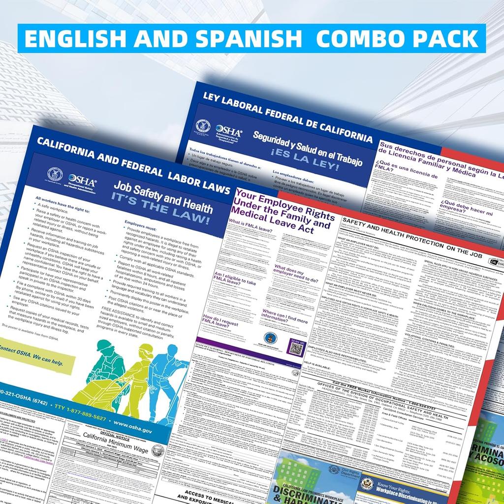 KERMENG 2026 California State and Federal Labor Laws Poster - English & Spanish Combo - OSHA Workplace Compliant - UV Waterproof Laminated 24" x 36"