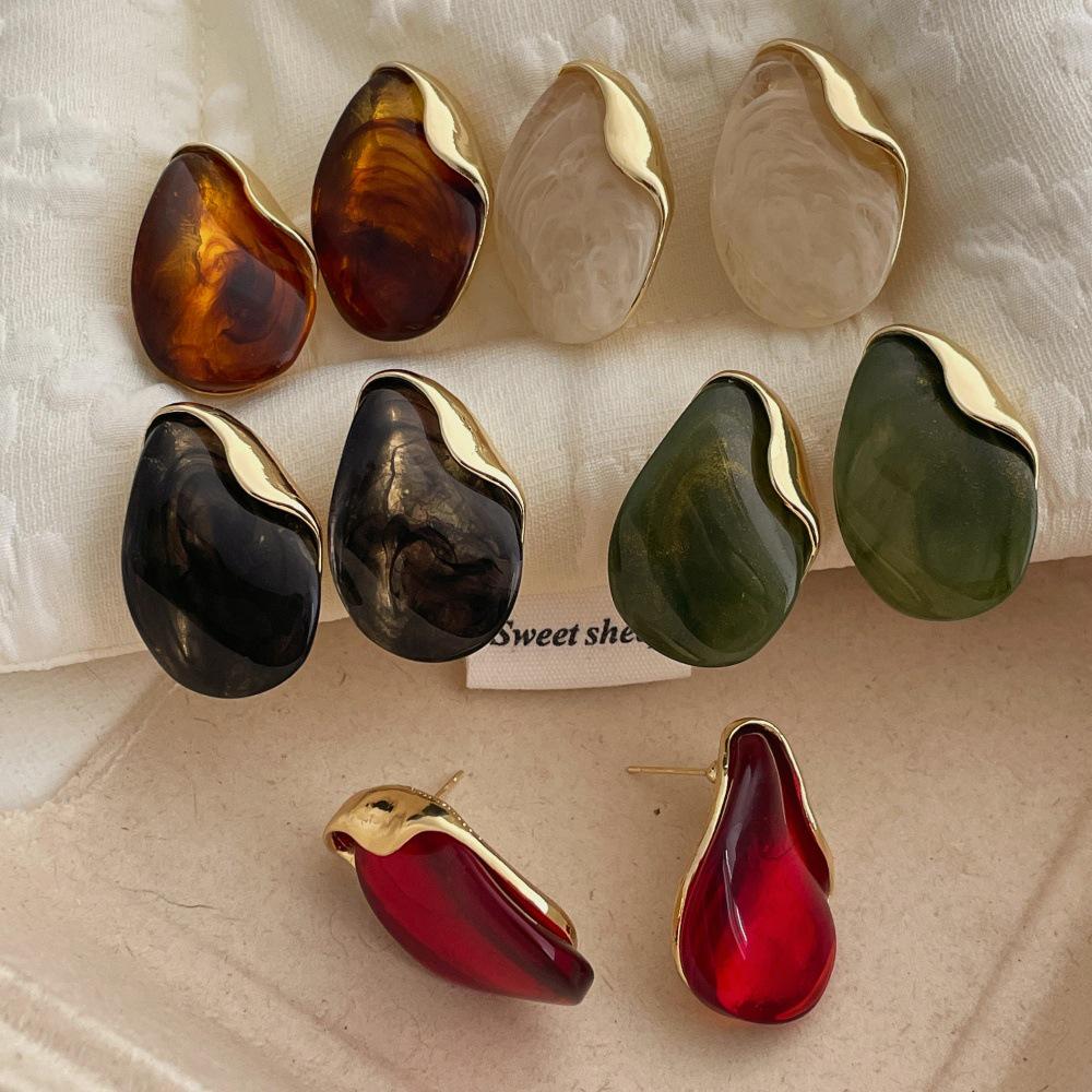 Amber Resin Stud Earrings for Women - Light Luxury Metal Patchwork, 2025 Design.
