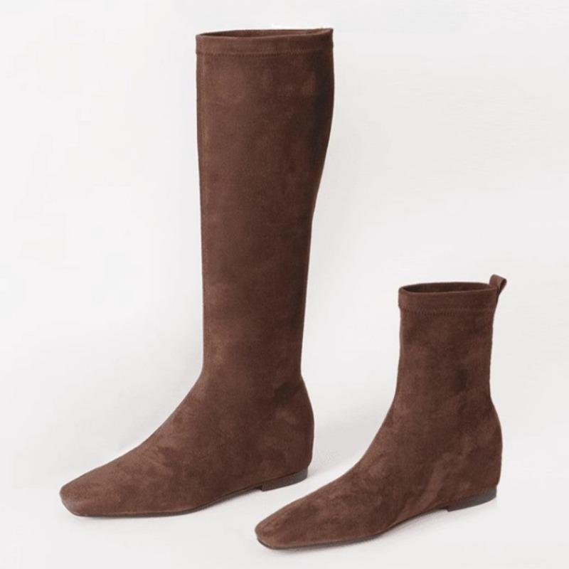 Замшевые женские высокие сапоги с квадратным носком и низким каблуком, модная зимняя обувь, тренд зимы 2025 года, удобные челси для ходьбы, дизайнерские Botas Mujer