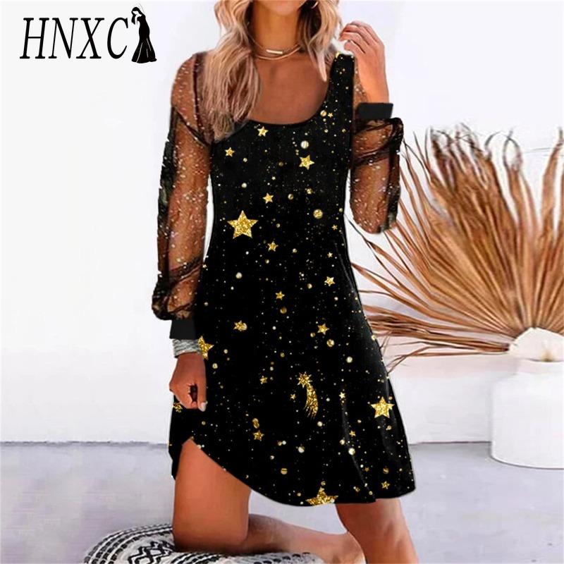 HNXC Женская мода Весна Осень Однотонный принт Длинный рукав U-образный вырез Высокая талия Повседневные платья
