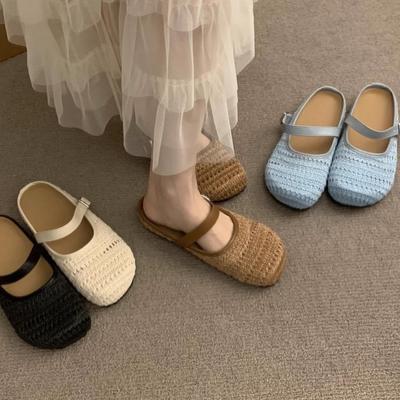 Одно слово с соломенной плетеной сумкой-головой и полушлепанцами, женская обувь на толстой подошве и сандалии с одним ремешком