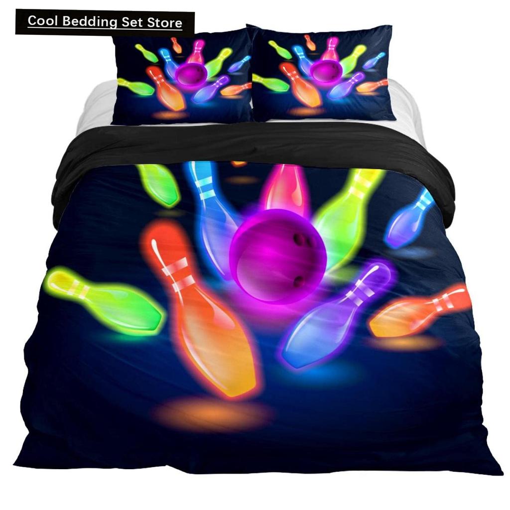 Bowling King Queen Double Duvet Cover Teens Sports Games Theme Bedding Set Starry Sky Comforter Cover Blue Polyester Quilt Cover