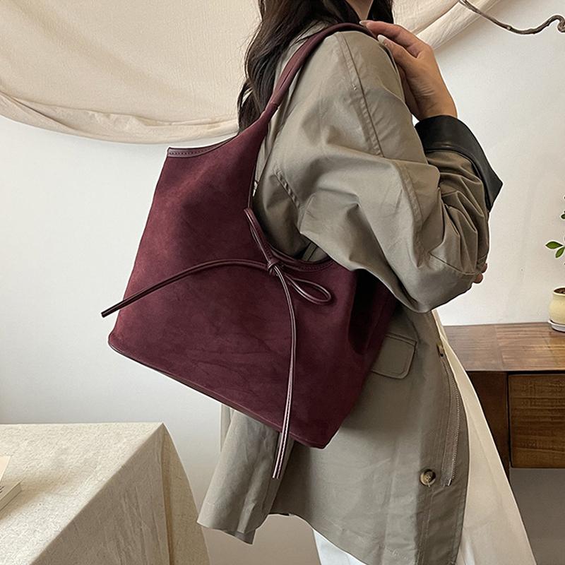 Женская сумка-тоут из искусственной кожи с бантом, большая вместимость, замшевая однотонная дизайнерская сумка через плечо с верхней ручкой, большая рабочая сумка