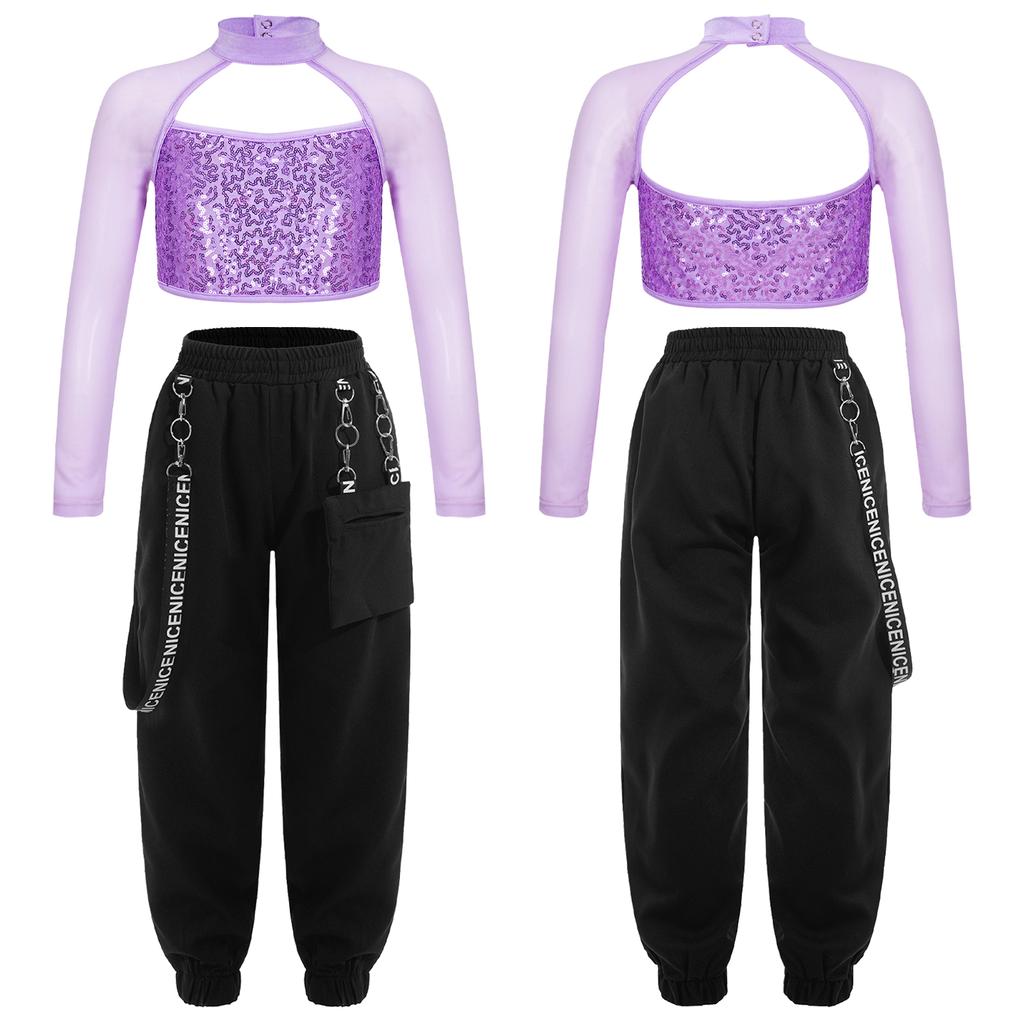 Kids Girls Casual Outfits Long Sleeve Mock Neck Crop Top with Elastic Waistband Pants for Hip-hop Street Dance