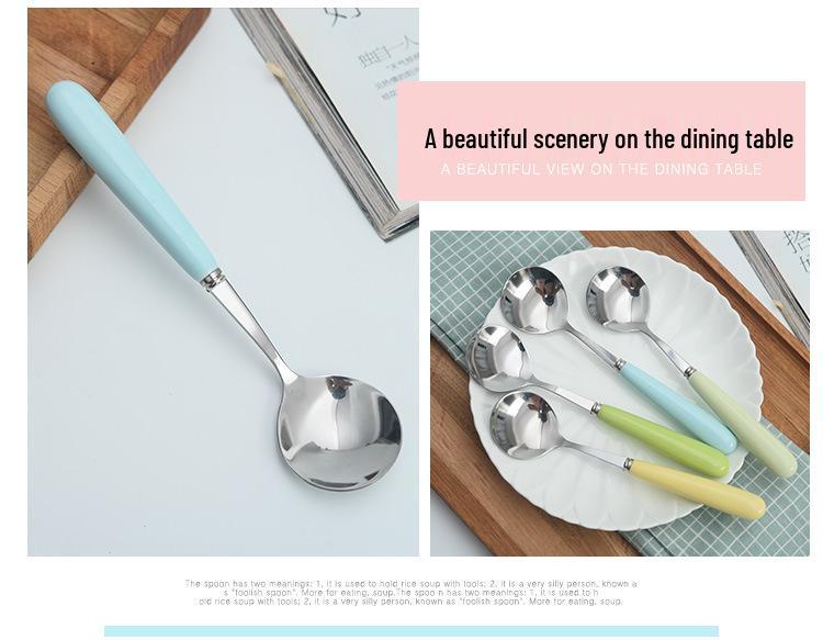 Zakka Ceramic Handle Stainless Steel Spoon - Creative Cartoon Tableware, Long Handle for Soup, Tea, and Main Courses.