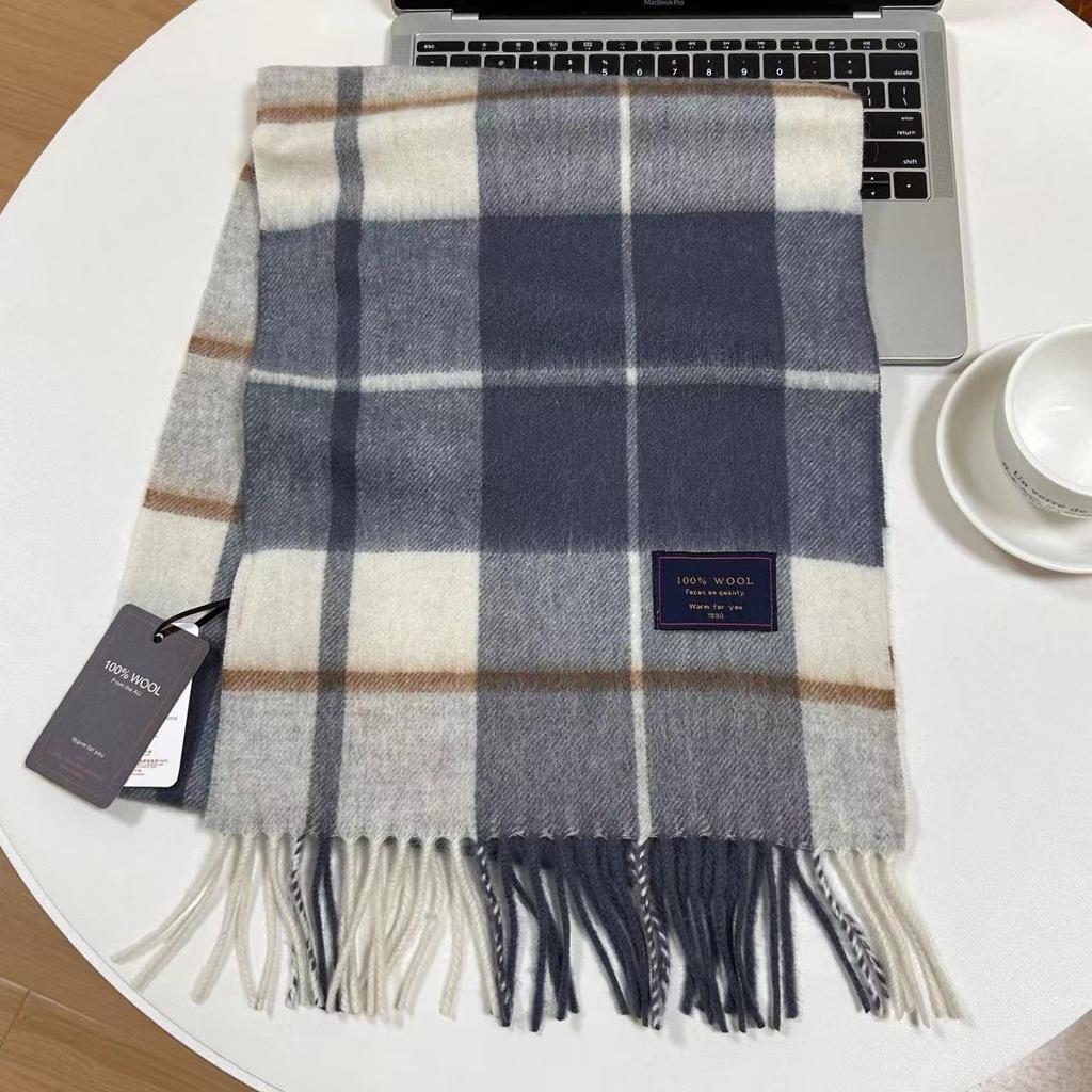 Men Scarf 100% Wool Plaid Warm Soft Muffler Female Winter Autumn Couple Cashmere Windproof Stripe Tassel Shawl Male Thick Scarf