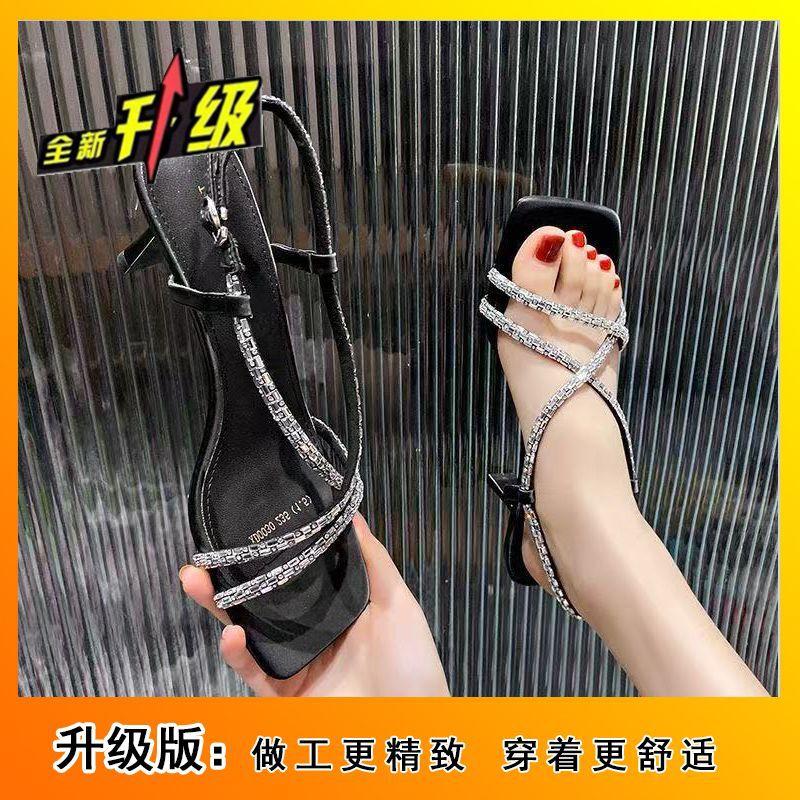 Open-toed Square Head One-word Rhinestone Fairy Sandals 2025 Summer New Versatile and Beautiful Stiletto with Skirt High Heels