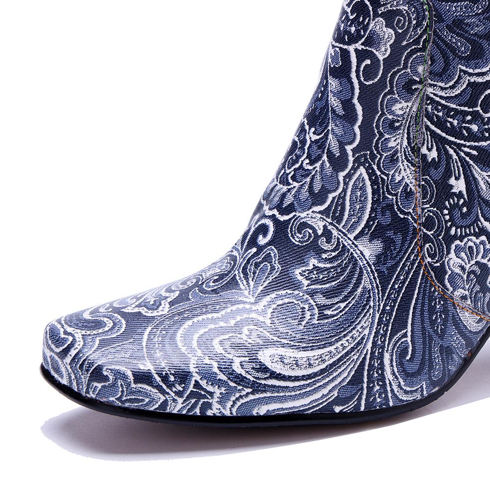 Johnature Genuine Leather Handmade Printed Comfortable Coarse Heel Side Zipper Women's Short Boots