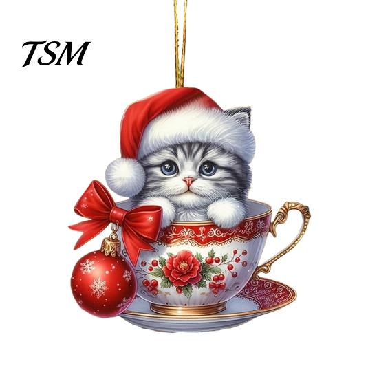 Reusable Christmas Ornaments Acrylic Teacup Cat Hanging Cute Cartoon Ornament Charming Festive Decorations 2D Flat Car Mirror Charm for Tree