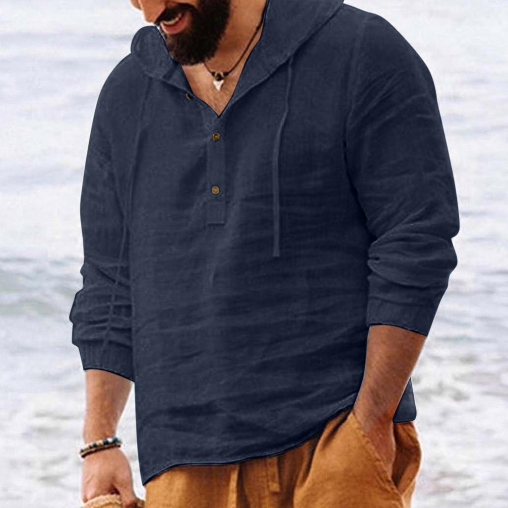 Мужские рубашки с капюшоном, однотонные топы с длинными рукавами, повседневные пуговицы, хлопок и лен, винтажные летние пляжные рубашки