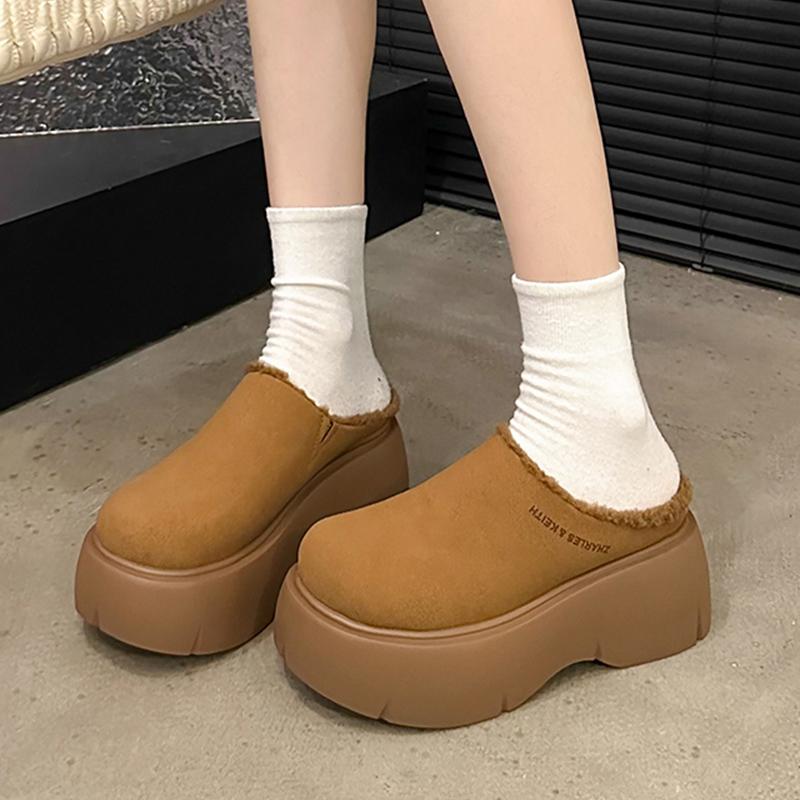 Замшевые женские хлопковые тапочки на платформе, дизайнерские туфли-мюли на среднем каблуке, новый бренд 2025 года, зимние теплые туфли для ходьбы и снега, женские туфли