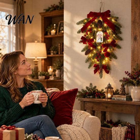 Christmas Teardrop Swag with LED Lights, Artificial PE Pine Hanging Decoration Reusable Gift for Friends Red Bow Pinecones Berries Front Door
