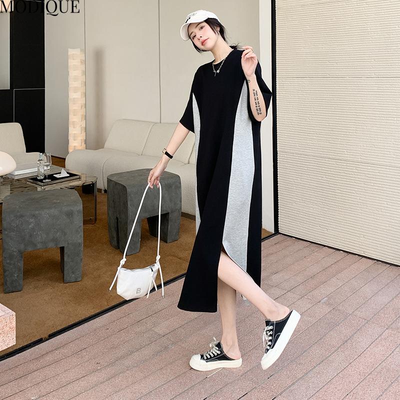 MODIQUE Лето Плюс Размер Новое Женское Свободное Повседневное Простое Стильное Пэчворк С Разрезом Длинное Платье Женское Платье С Коротким Рукавом О-Образным Вырезом