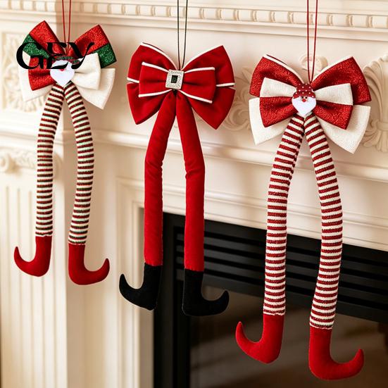 Winter Holiday Home Decoration Christmas Long Legs Bow Ornament, Plush Velvet Hanging Decor with Bendable Soft Ornaments for Xmas Tree Legs, Red White