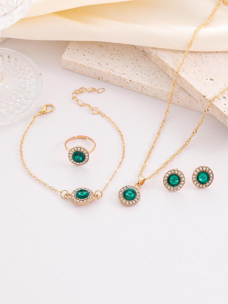 Elegant Jewelry Set: Diamond Earrings, Necklace, Bracelet, Ring, and Watch