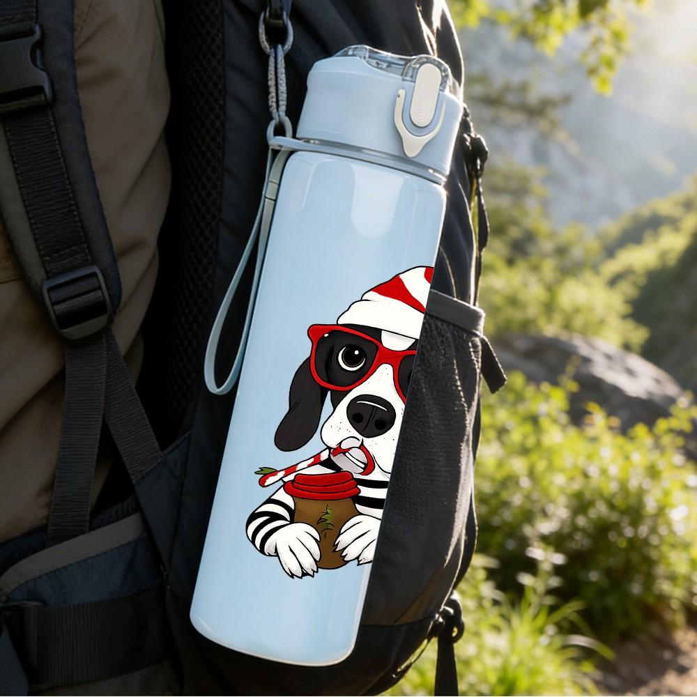 1PC Santa Hat Pet Dog Pattern 750ml Color Plastic Sports Water Bottle Leakproof Flip Straw Lid Suitable for Sports Office Home Use