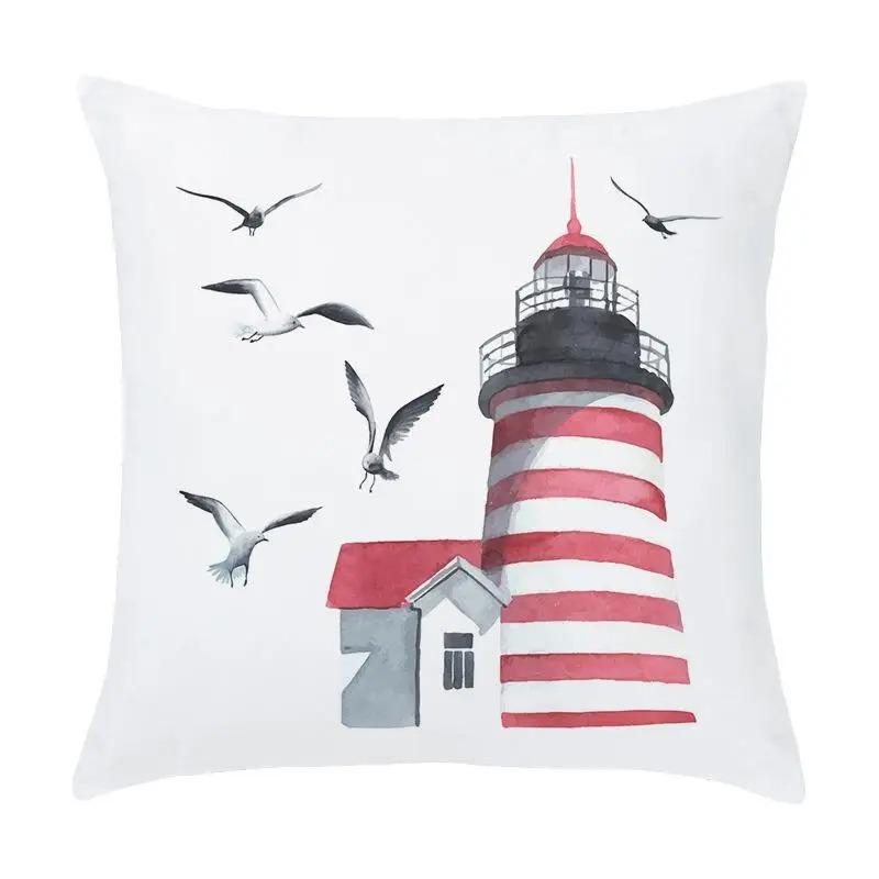 Cartoon Nautical Series Hot Air Balloon Lighthouse Print Pillow Cover Home Room Office Seat Living Room Sofa Cushion Cover