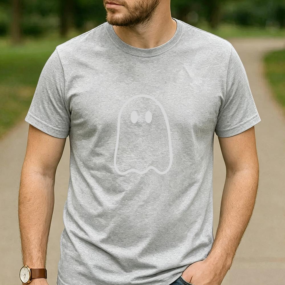 Minimalist Simple Line Ghost Graphic T Shirt Unisex Cotton Short Sleeve Cute Spooky Halloween Fall Black Casual Tee