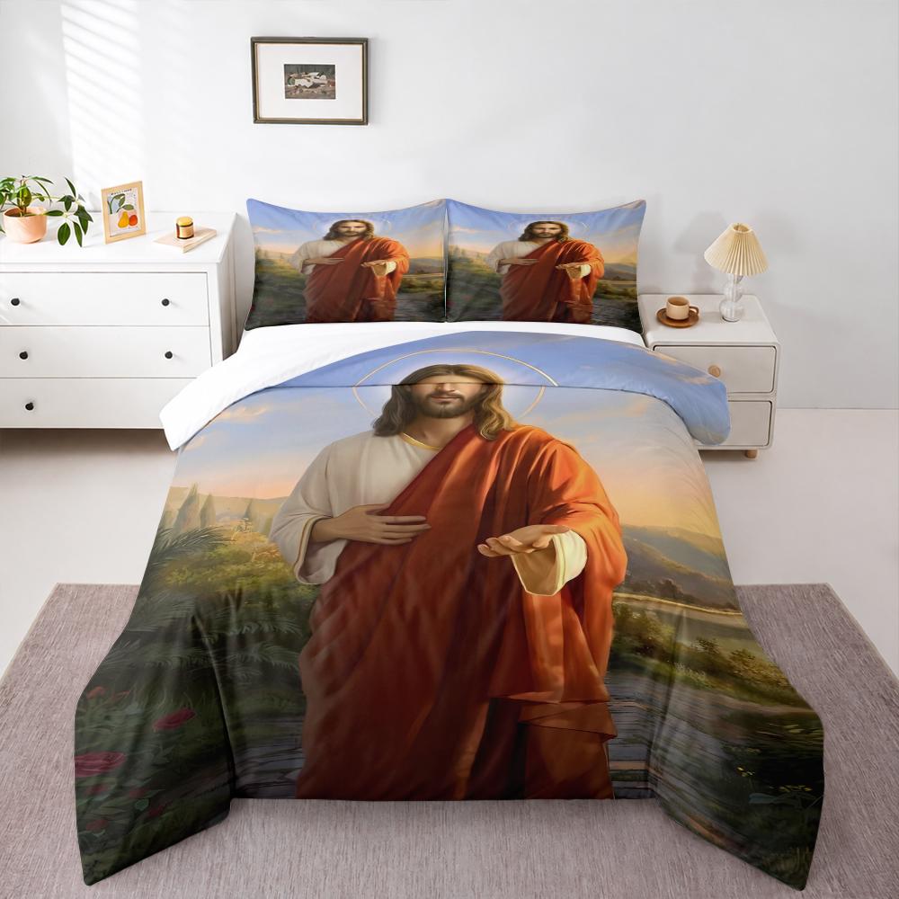 Jesus Christ Blessing Religious Bedding set (1 duvet cover, 2 pillowcases, duvet not included), Sunset Sacred Figure Art Print