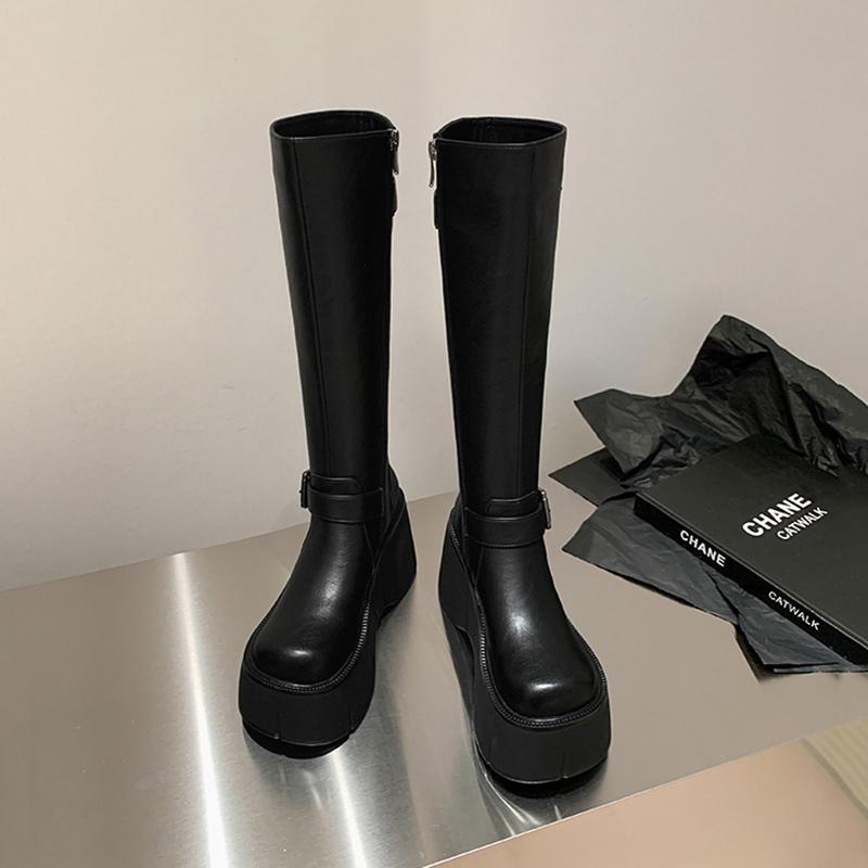 Мода 2024 года, новые сапоги до колена в готическом стиле, женские сексуальные элегантные сапоги на толстой платформе, рыцарские длинные сапоги, женские простые черные высокие сапоги