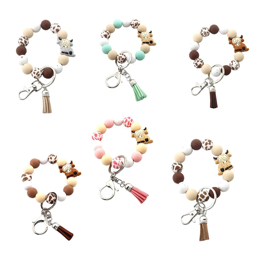 Highland Cow Silicone Tassels Keyring Durable Silicone Beaded Wrist Lanyard with Highland Cow Accent Keychain Pendant
