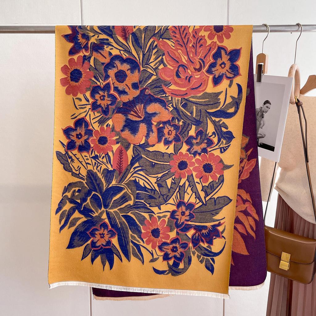 Double-Sided Imitation Cashmere Printed Scarf Women'S Warm Thickened Fringed Scarf Flower Blooming Rich Long Fashion Versatile Shawl