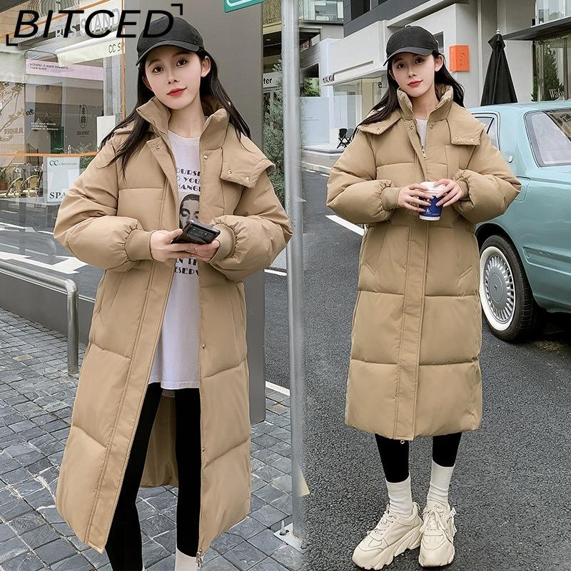 BITCED Long Down Jacket with Quilted Cotton Lining - Women's Loose-Fit Winter Coat - Thickened Cotton-Padded Outerwear