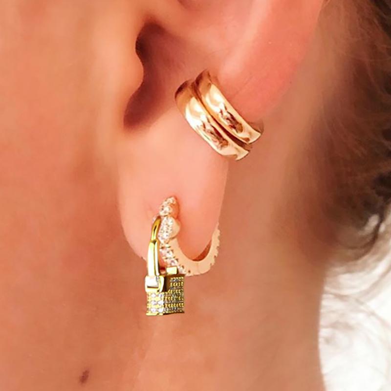 Trendy Micro Pave Zircon Lock Earrings For Women Men Gold Color Cartilage Earings Punk Hip Hop Jewelry Rock Accessories OHE031