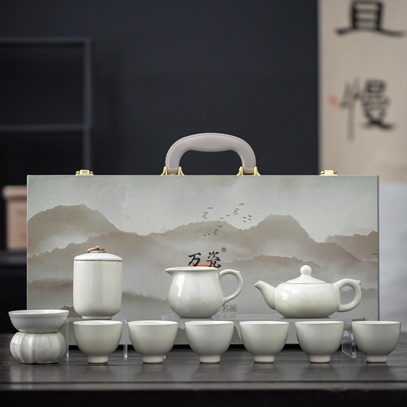 Бежевый Чайный набор Кунг-фу печи Жу Домашний Чайный набор Керамический чайник с крышкой Чаша Пиала Чайный поднос Легкая роскошь Высококлассная подарочная коробка