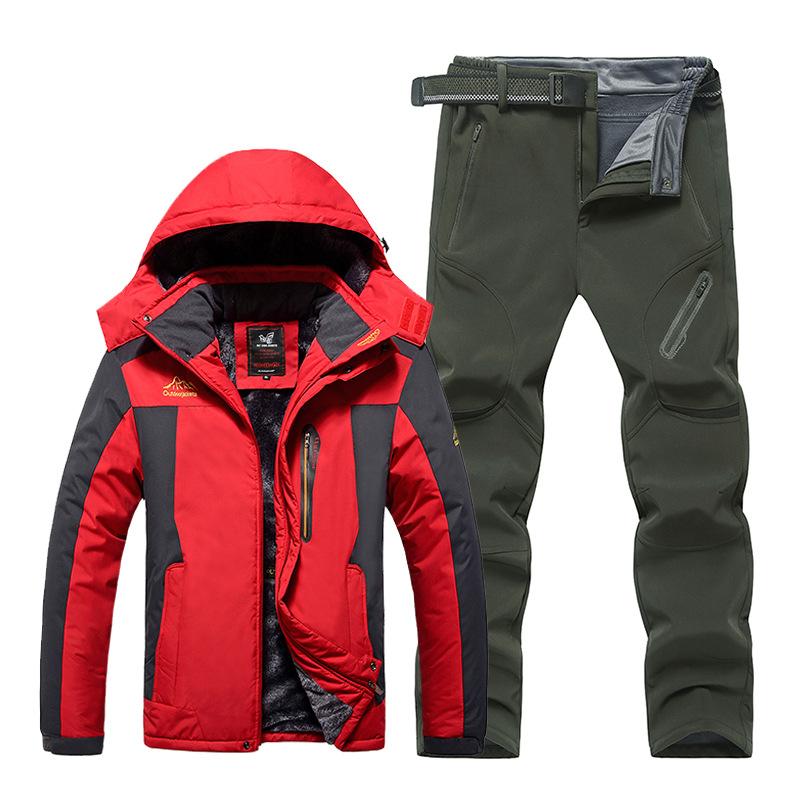Plus Size 9XL Outdoor Jacket Pants Suit Men's Winter Plus Velvet Thickened Mountaineering Suit Jacket Pants Including Belt Suit