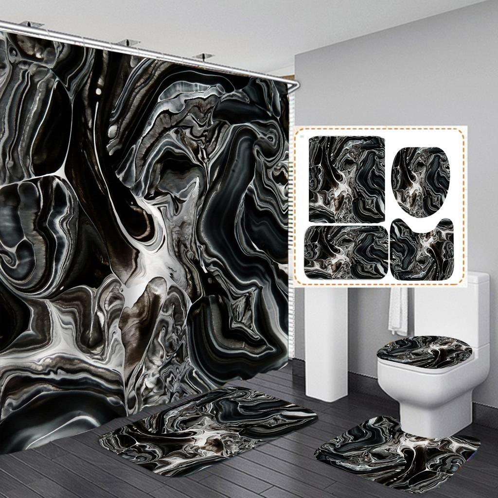 4Pcs Luxury Marble Shower Curtain Sets Bathroom Decor Sets with 12 Hooks Bath Mat Toilet Lid Rug and Non-Slip U Shape Mat