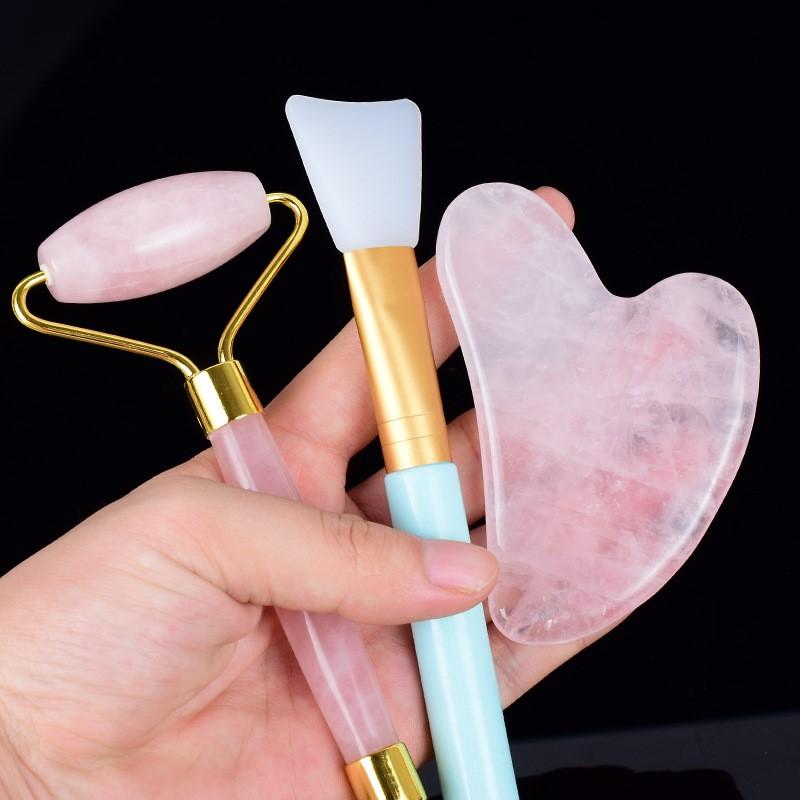 Pink crystal jade roller, facial mask brush set, facial massager, facial beauty powder crystal scraping board, heart-shaped