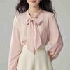 Fashion New 2024 Autumn Long Sleeve Bow Collar Office Lady Black White Chiffon Blouse Shirt Women Tops Blouses Shirts J827