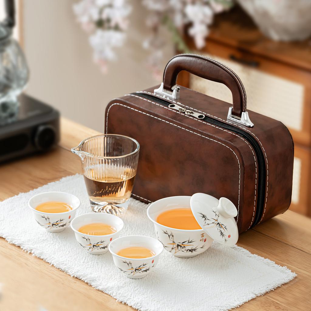 Suet jade travel tea set portable ceramic teapot cover bowl outdoor white porcelain teacup go out bag