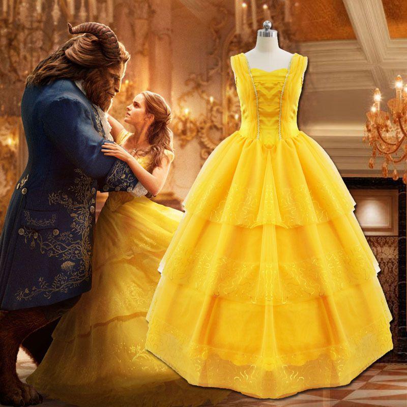 Disney Princess Belle Cosplay Costume Fancy Dress Halloween Adult Yellow Layered Full-length Ball Gowns