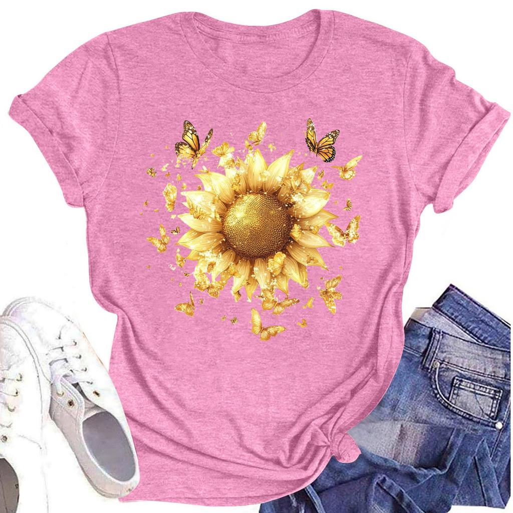 Женская повседневная футболка с круглым вырезом и цветочным принтом, короткий рукав