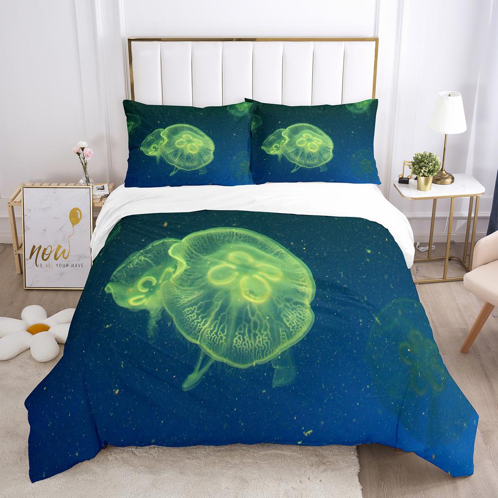 Jellyfish Duvet Cover Set Blue Sea Wild Animals Theme King Queen Size for Kids Teens Adult Polyester Bedding Set with Pillowcase