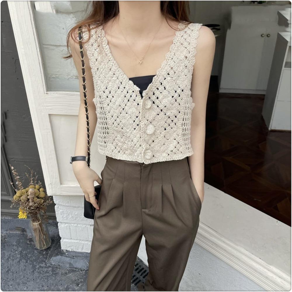 V-Neck Hollow Sleeveless Women's Crochet Camisoles Short Vest Ethnic Style Cardigan Knitted Tops