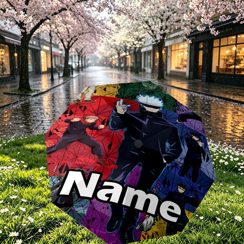 Custom Name Personalized Jujutsu Kaisen Print Umbrella, Auto Open Close, 8‑Rib Sturdy Frame, Commute Camping Hiking Use, Birthday Gift