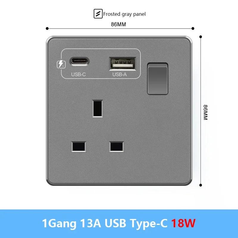 Universal USB Type-c 18W Fast Charge Power Socket plug,Home Wall Light Switch,UK 13A with Dual USB Electrical Outlet AC110-250V