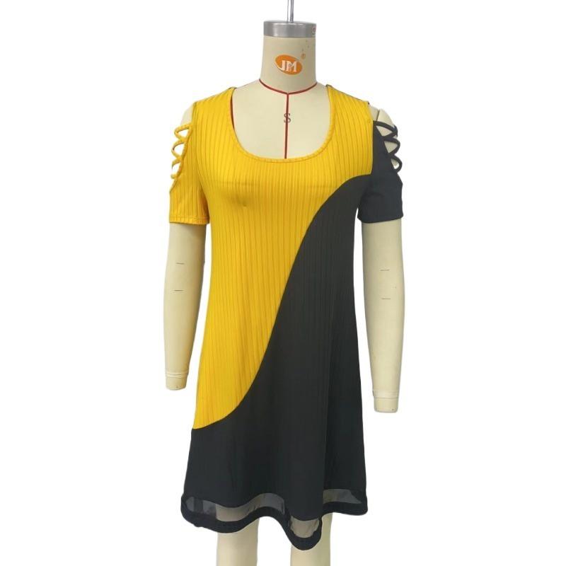 GMXIA Women's Spring, Summer and Autumn Temperament Colour Splicing Hollow Mesh Clashing Colour Splicing Dress Midi Dresses