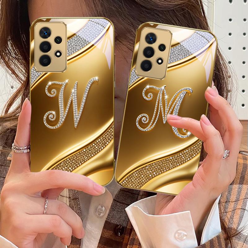 Великолепные буквы "M W" Для Samsung A73 A72 A71 A42 A56 A55 A54 A53 A52s A52 A51 A36 A35 A34 A33 A32 A16 Золотой стеклянный чехол для телефона