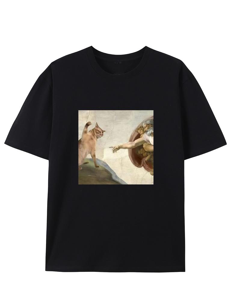 Юмористическая футболка с графическим принтом «Пародия на Сотворение Адама» с котом, повседневная футболка с круглым вырезом, приталенная, с коротким рукавом, для взрослых, летний повседневный модный топ