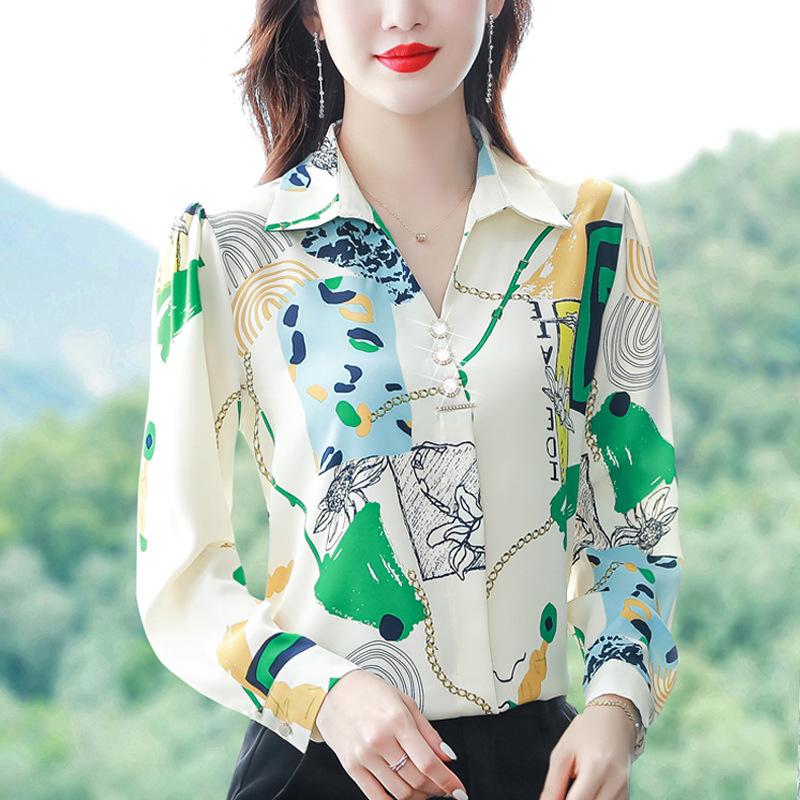 Шифоновая рубашка для женщин, осень, новая рубашка с длинными рукавами, прикрывающая живот, рубашка для мам среднего возраста