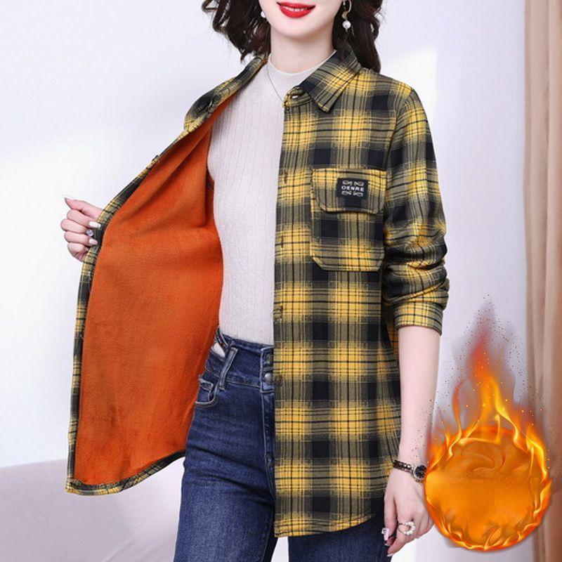 Шикарная женская рубашка с длинным рукавом в клетку — уютная утолщенная ткань, воротник-поло, идеально подходит для осеннего и зимнего гардероба