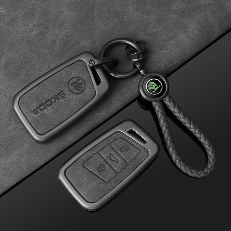 HLLQ9 Leather Zinc Alloy Car Smart Remote Key Case Full Cover Protector Shell Fob for Skoda Kodiaq Superb A7 Auto Keychain Accessories