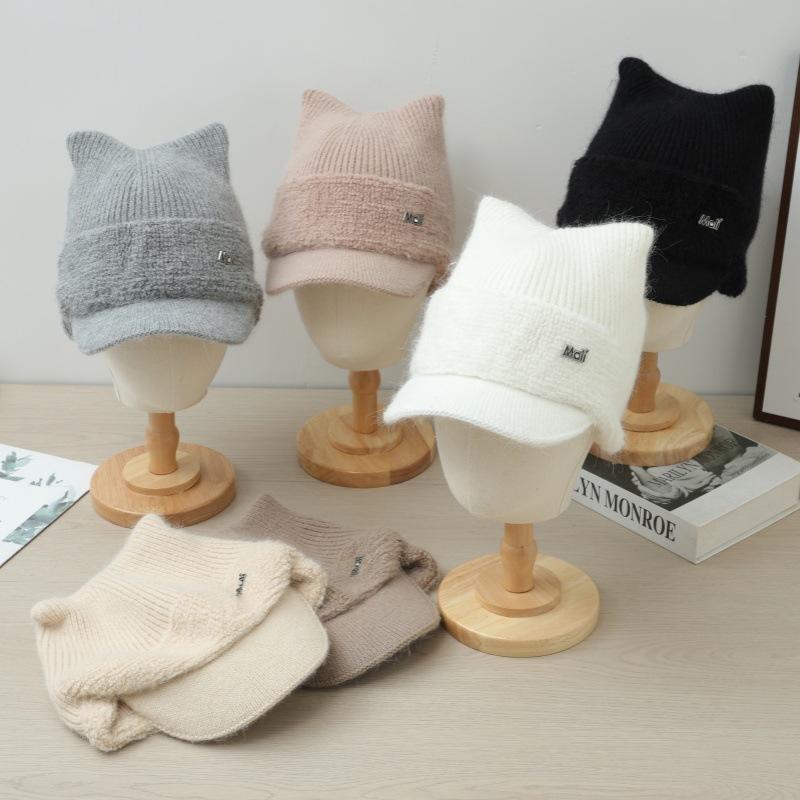 Зимняя теплая шапка с кошачьими ушками, женская бархатная утолщенная холодостойкая шерстяная шапка, ветрозащитная защита ушей, вязаная шапка