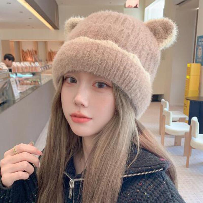 Зимняя теплая женская симпатичная шапка-бини, повседневная мешковатая меховая шапка с кошачьими ушками, аксессуары для головных уборов
