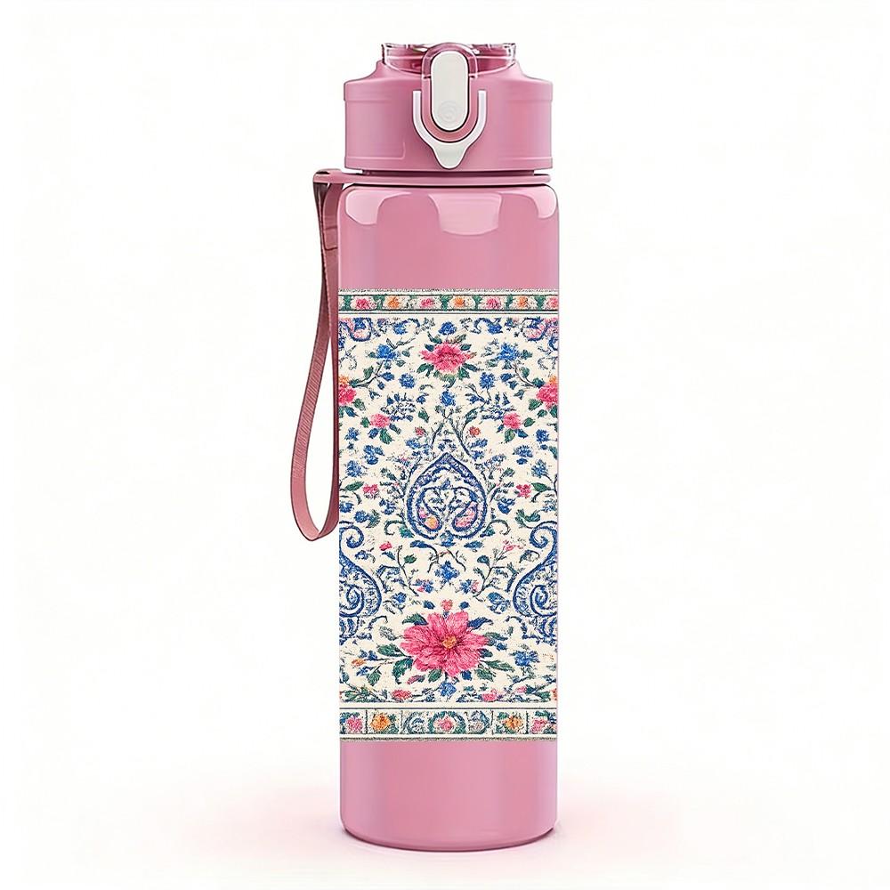 1PC Ethnic Rug Texture 750ml Color Plastic Sports Water Bottle Leakproof Flip Straw Lid Suitable for Sports Office Home Use
